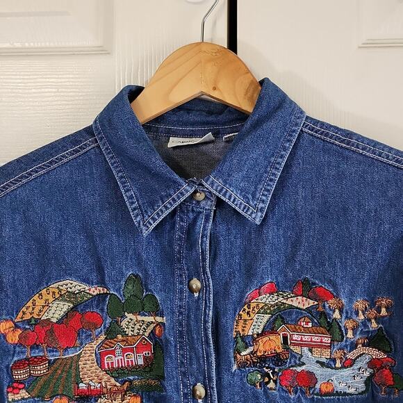 Cabin Creek Womens Denim Button Front Shirt Size PL Embroidered Farm Pumpkin - Picture 7 of 11